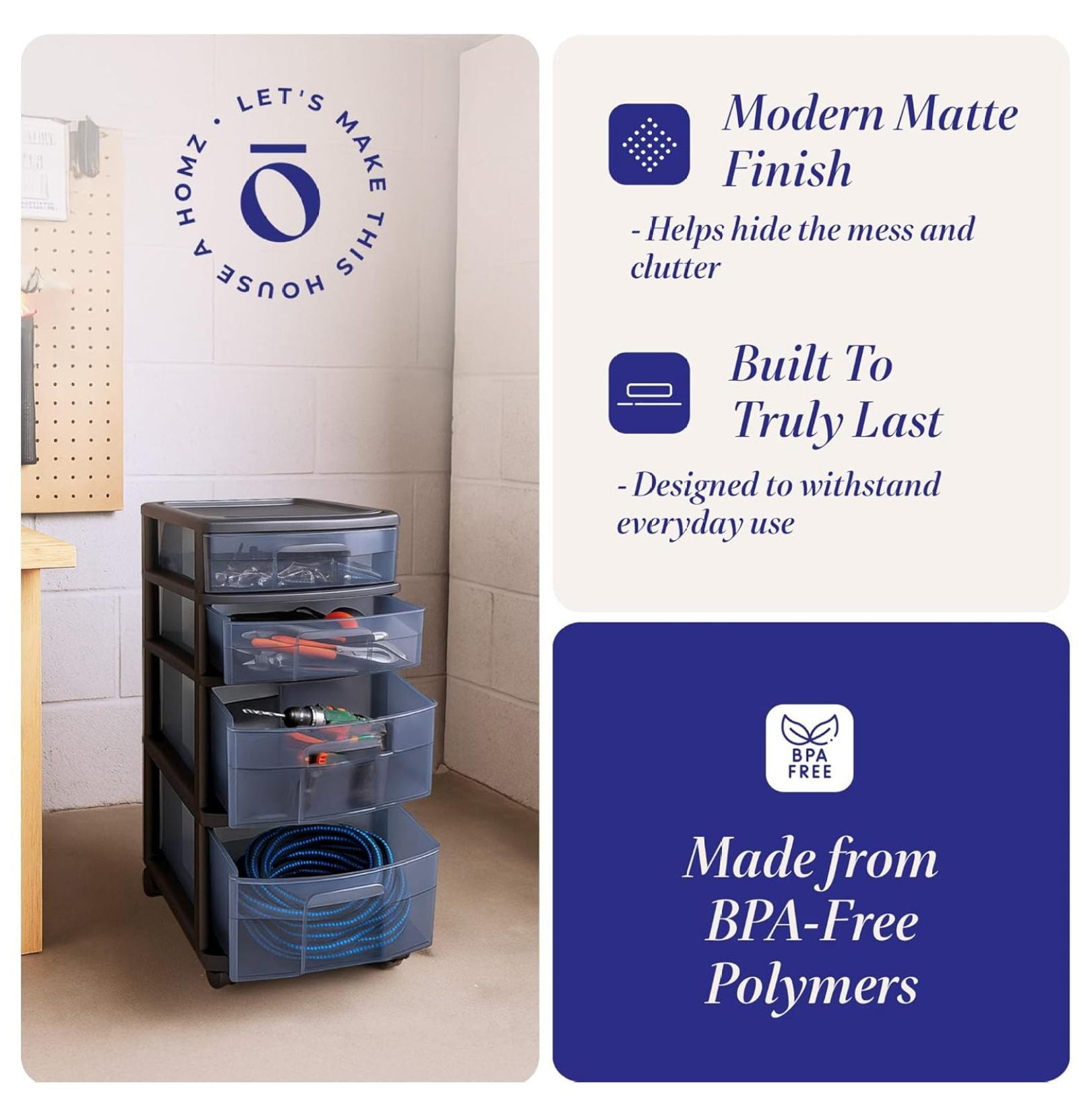 Drawer Tower, 4 Tier Plastic Storage Cart with Wheels - Black Organizer for Bathroom, Bedroom, Office - Rolling Drawer Unit for Clothes, Toys, Supplies