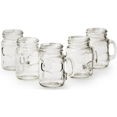 

Simply Mason Jar Mug Shot Glasses with Handle Set of 6 Party Home Entertainment Dining Beverage Drinking Glassware for Brandy Liquor Bar Decor Jello Cups 4.7 ounce Clear (66993)