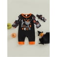 thumbnail image 2 of Bagilaanoe Newborn Baby Girl Halloween Jumpsuits Letter Ghost Print Long Sleeve Bodysuit + Headband 3M 6M 9M 12M Infant One Piece Romper, 2 of 8