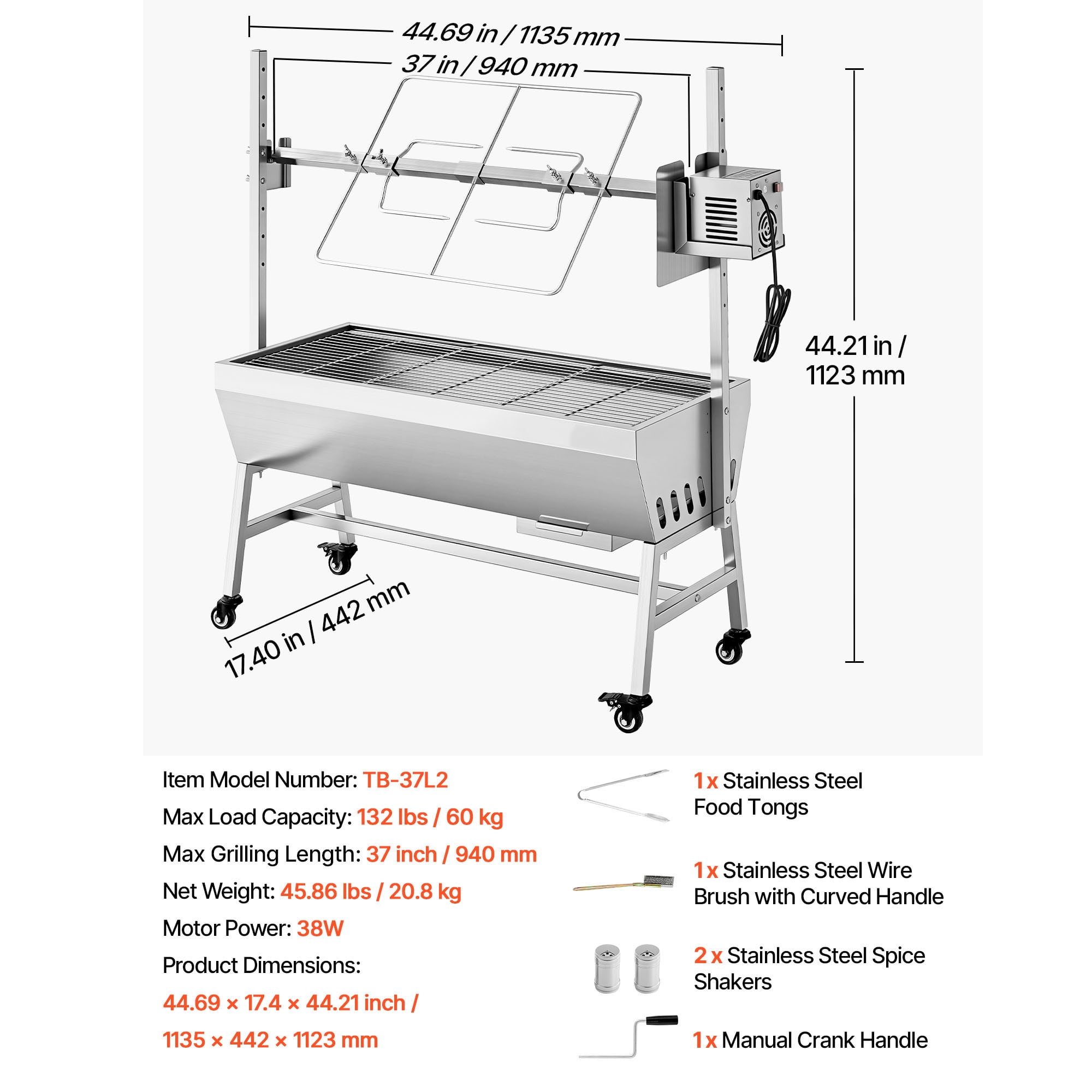 KFFKFF Rotisserie Grill with 38W Motor, Outdoor BBQ Spit Roaster for Pig & Lamb, Charcoal Grill with 132 lbs Capacity, Adjustable 7-Level Height, Stainless Steel Design with Wheels