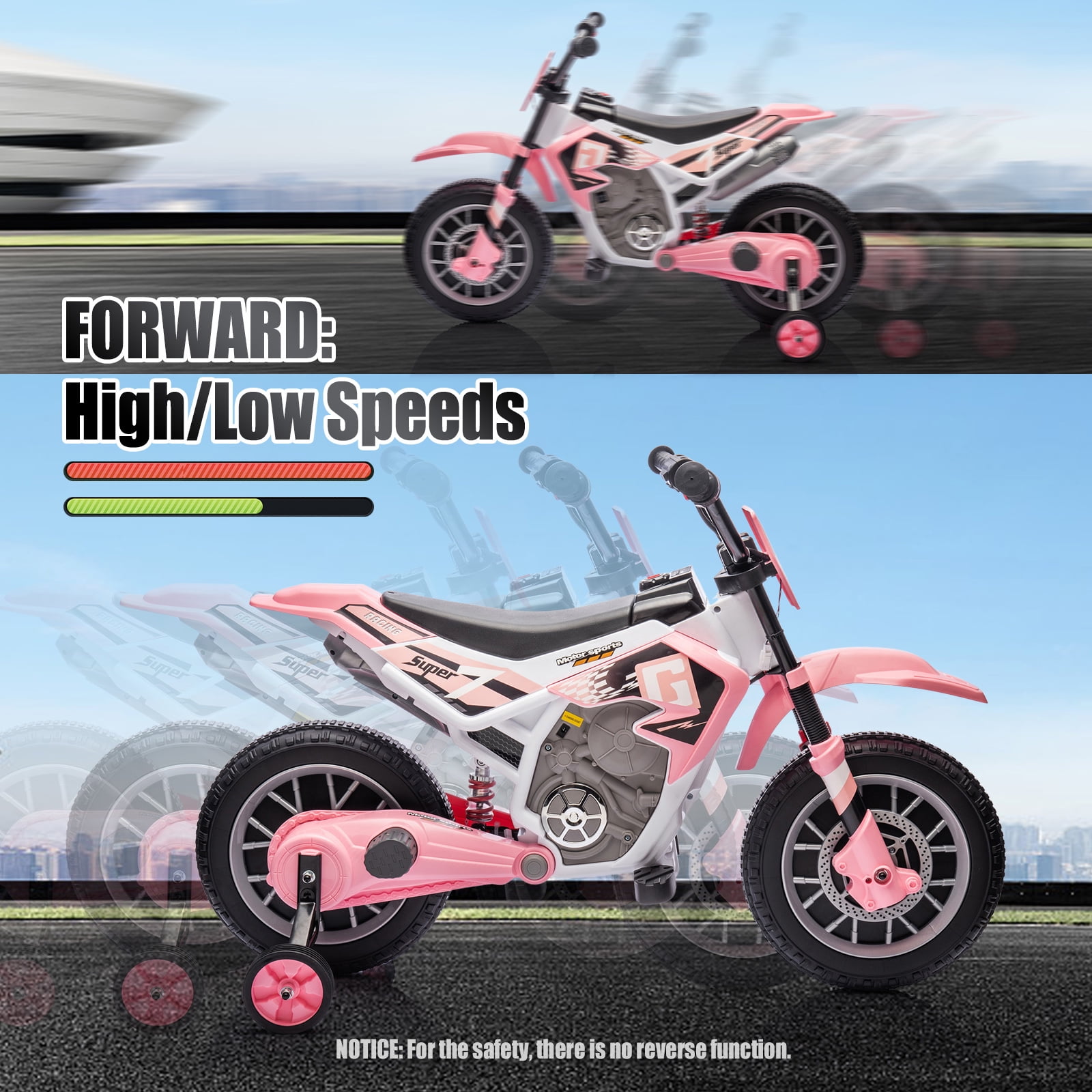 Pink 12V Kids Ride On Motorcycle Dirt Bikes with Training Wheels, Spring Suspension