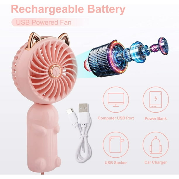 1PCS Mini Ventilateur Portable avec Batterie Rechargeable et 3 Vitesses,  Petit Ventilateur Electrique Personnel Mignon，Ventilateur