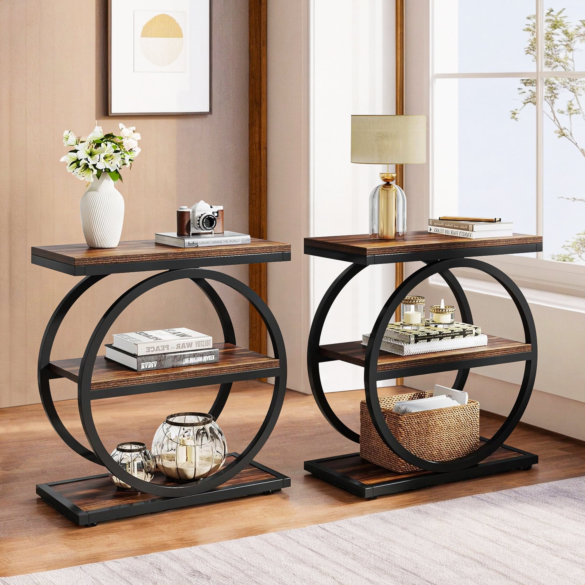 Demi Bonndustrial Console Table for Entryway, Farmhouse Sofa Tables Behind Couch, Rustic Wood and Metal Foyer Table with 3-Tier Shelves for Hallway Living Room, Brown