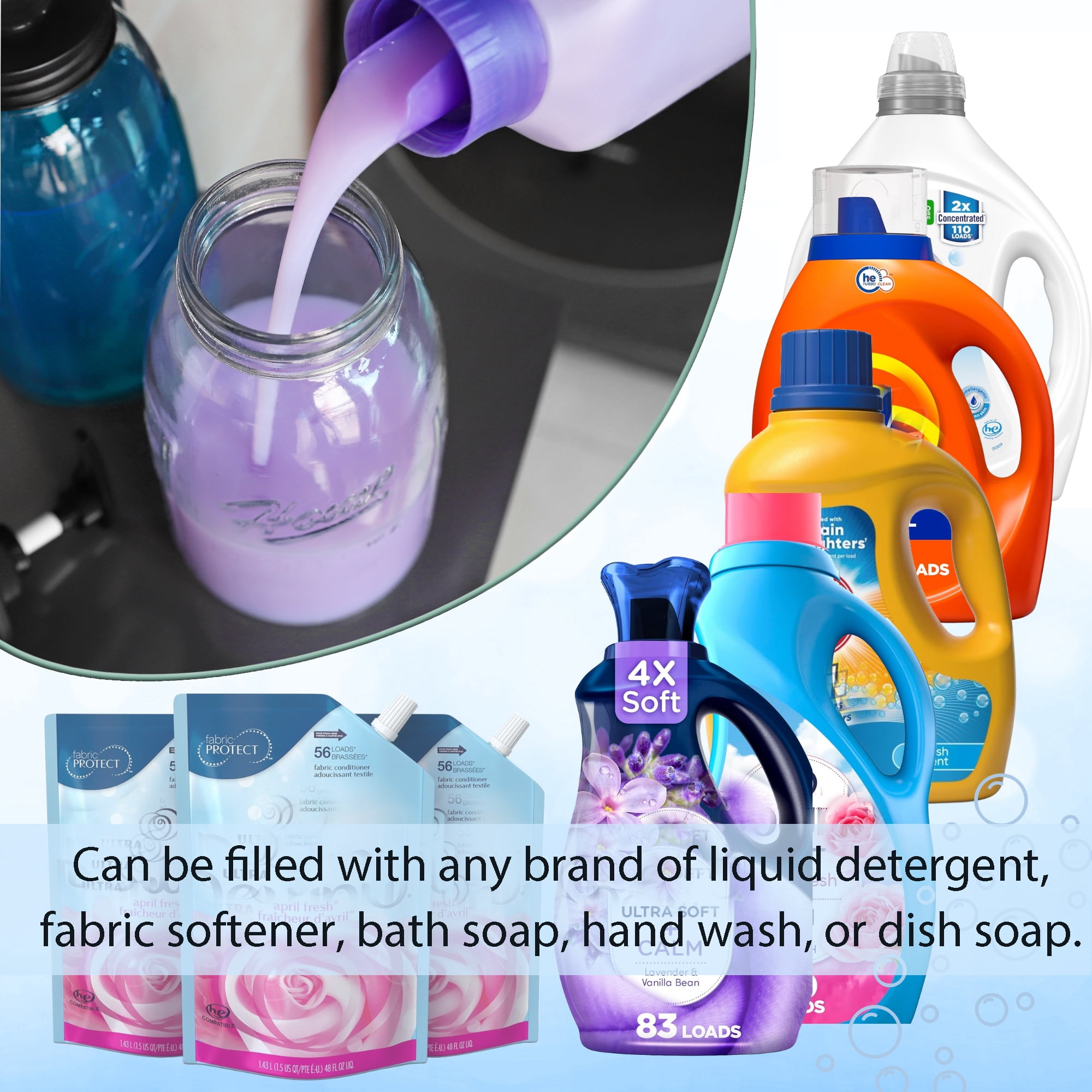 Glass Liquid Laundry Detergent Dispenser, 2x50oz Farmhouse Mason Jar Style Refillable & Reusable Laundry Bath Dish Soap Storage Containers