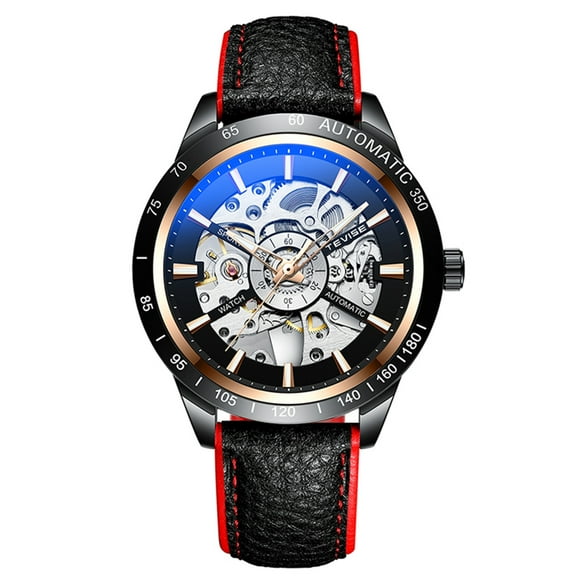TEVISE TEVISE Montre Automatique Mécanique pour Homme avec Bracelet en Cuir, Étanche 30 m, Aiguilles Lumineuses, Cadran Noir/or Rose, Verre Minéral, en Boîte T868