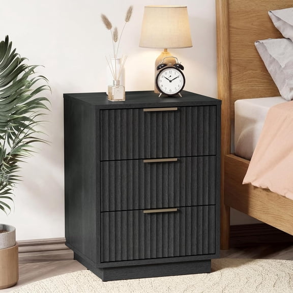 RoyalCraft Black Fluted Nightstand, Modern Bedside Table with 3 Large Storage Drawers, Wood End Table with Metal Handle for Bedroom