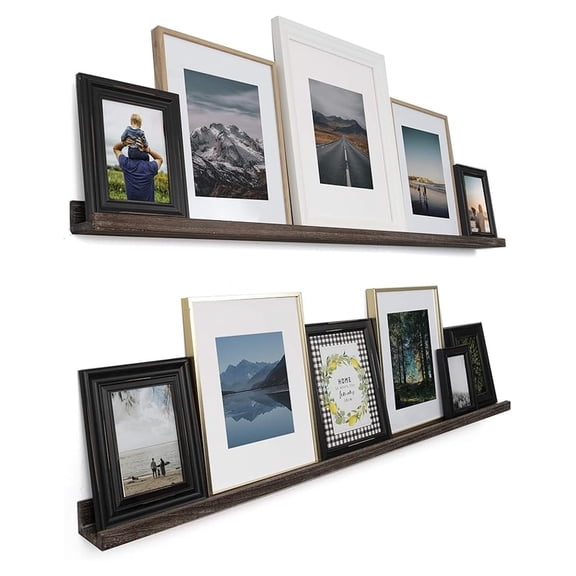 Ted 52" Narrow Wall Mount Wood Picture Ledge Photo Frame Display - Floating Shelf for Living Room, Office, Kitchen, Bedroom, Bathroom Décor - Set of 2 - Burnt Brown