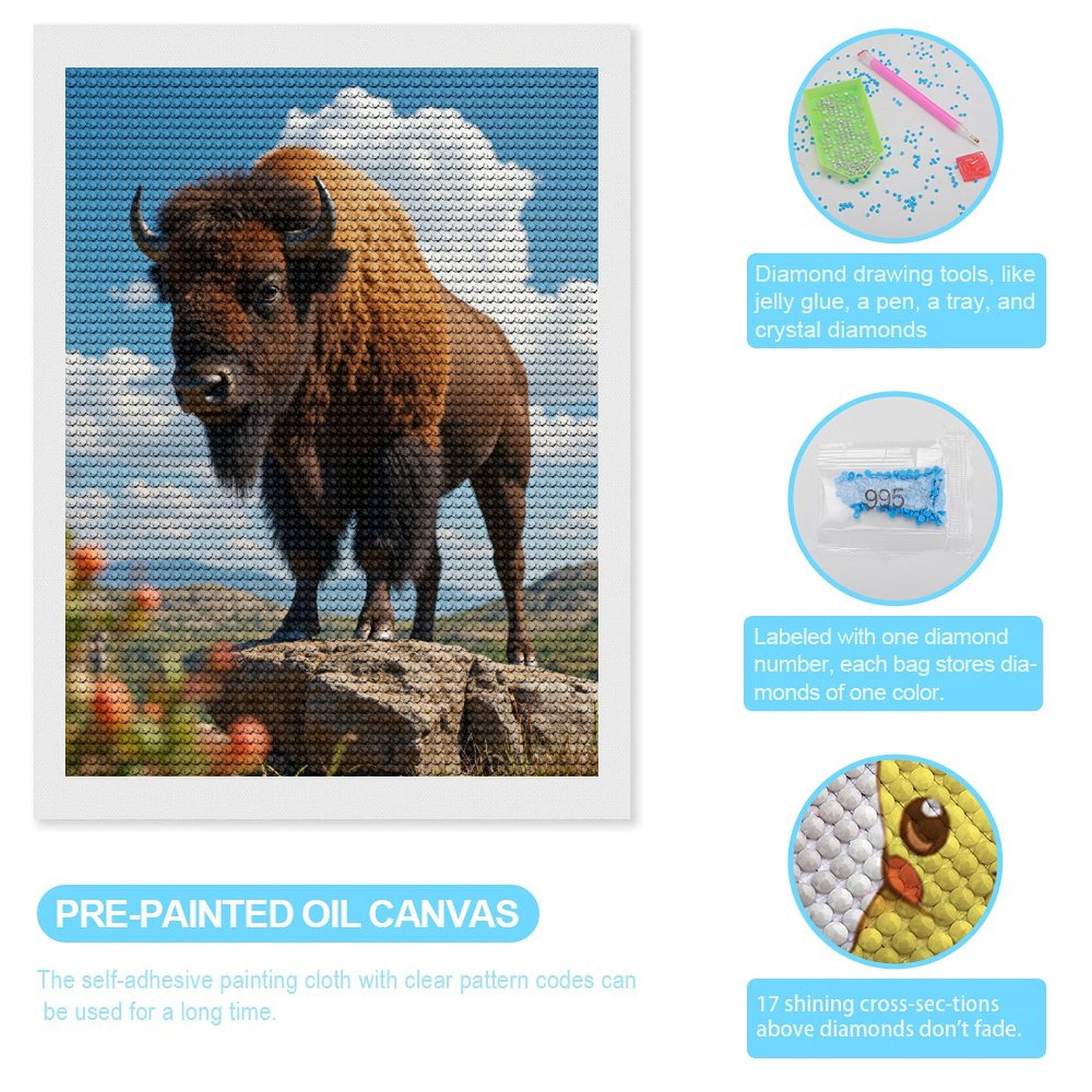 Diamond Art Kits for Adults - Mighty Bison On Rocky Vista 5d Diamond Painting for Adults, Diamond Art for Adults Beginners, Frameless Diamond Painting Kits for Adults for Home Wall Decor