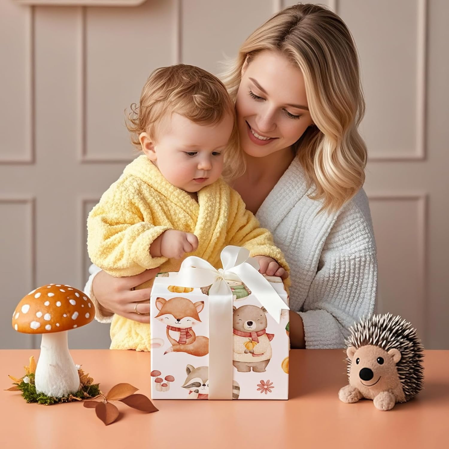 Baby Shower Wrapping Paper Roll - Mini Roll - 17 Inch x 16.5 Feet - Forest Animal Wrapping Paper, Perfect for Kids Girl Birthday, Newborn Gift Wrap