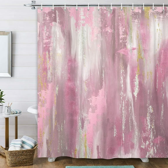 Abstract Pink Gold Shower Curtain, Modern Neutral Marble Boho Ombre Minimalist Chic Art Shower Curtain for Bathroom, Hot Pink Grey Gray Fabric Bathroom Bathtub Curtain with 12 Hooks, 47X64IN