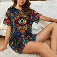 thumbnail image 4 of Fuzoiu Vibrant Psychedelic Eye Print Women's Short-Sleeved Pajama Set,Lounge Sleepwear Set,Womens Pajama Sets 2 Piece,Button-Up Top and Shorts with Pockets-Small, 4 of 7