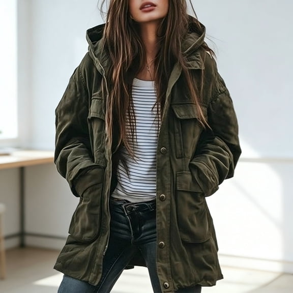Army Green Women Hooded Jacket American Retro Single Breasted Pockets Trench Coat Autumn Winter High Street Outerwear Coat