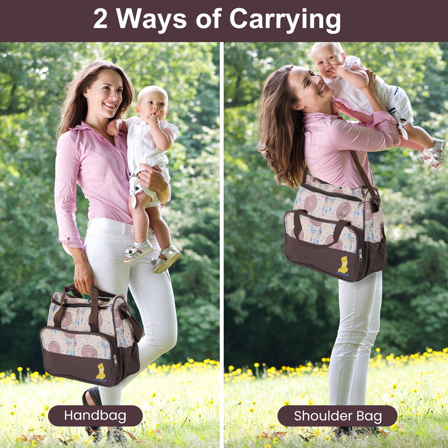 5Pcs Mummy Diaper Tote Bag Baby Nappy Bag with Diaper Pad Food Bag Bottle Bag Travel Tote Bags for Mom Dad Coffee
