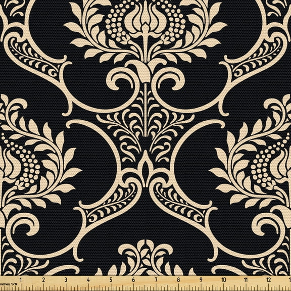 Ambesonne Ethnic Fabric by the Yard Upholstery, Floral Damask Illustration, 2 Yards, Charcoal Grey Eggshell