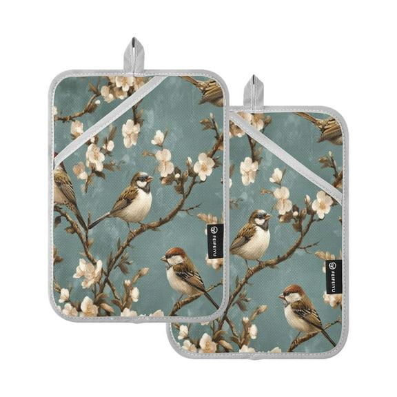 Sparrows Among Flowers 7x9.8in Pot Holder Set Heat-Resistant Oven Hot Pads Durable with Storage Loop