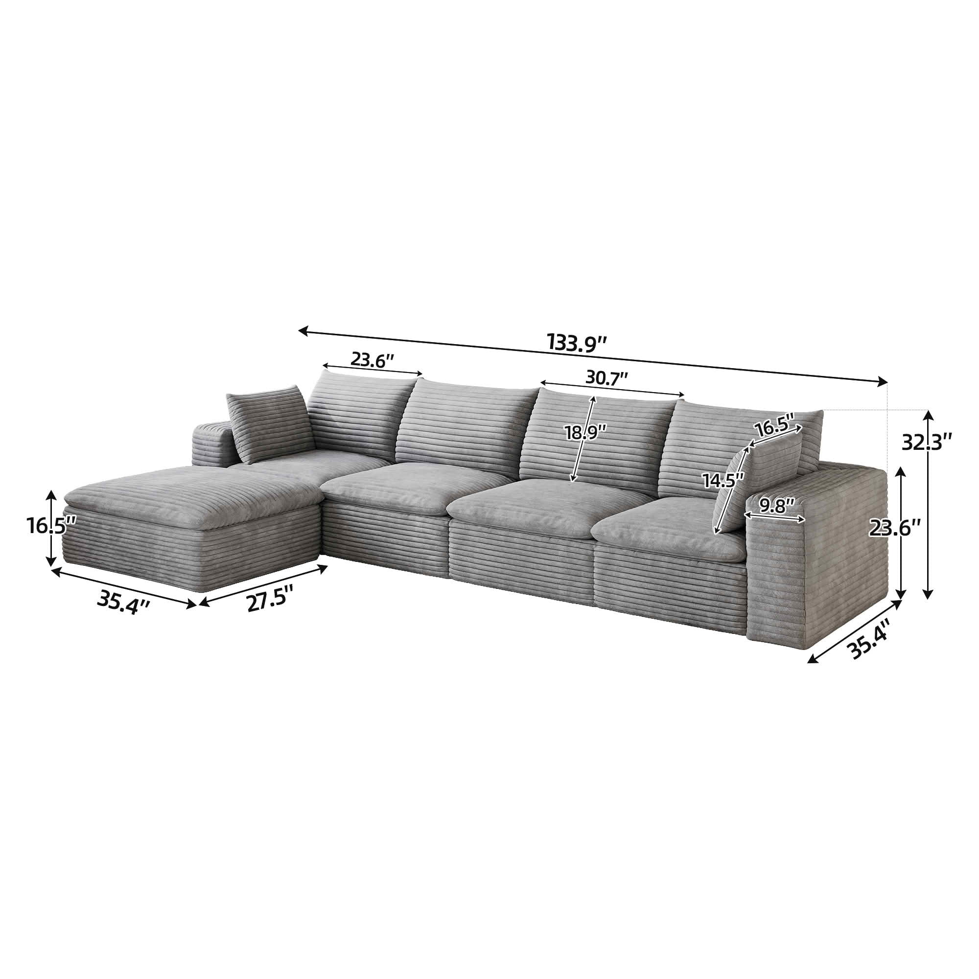 MAYEERTY 134 Inch Corduroy Cloud Floor Sofa, Modular Couch with Detachable Double-Layer Cushion, No Assembly Furniture for Home & Office