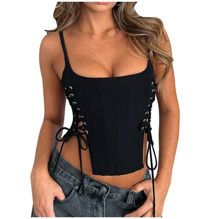 

Womens Summer Bustier Sexy Spaghetti Strap Lace up Corset Going Out Cami Crop Tops Clubwear Camisole