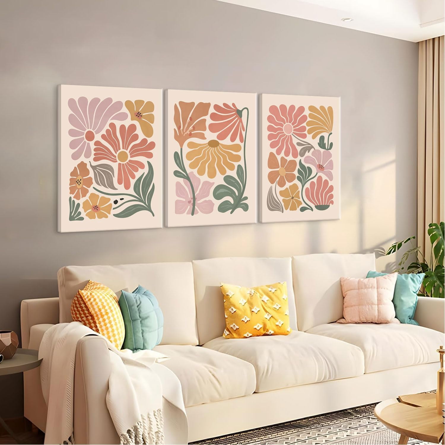 Boho Flower Canvas Wall Art Abstract Floral Pictures Prints Set of 3 Minimalist Botanical Painting Poster Flower Market Aesthetic Wall Decor for Living room Bedroom 12"x16" Framed