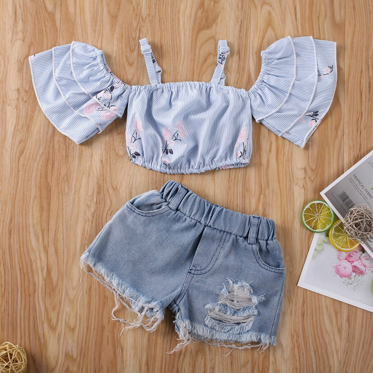 Summer Kids Baby Girls Off-shoulder Lace Tops Denim Ripped Jeans Shorts Outfits 