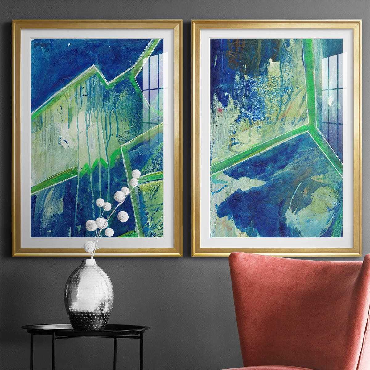 Wexford Home Geometric in Cool V Premium Framed Print, 30.5" x 42.5" - Ready to Hang, Gold (Set of 2)
