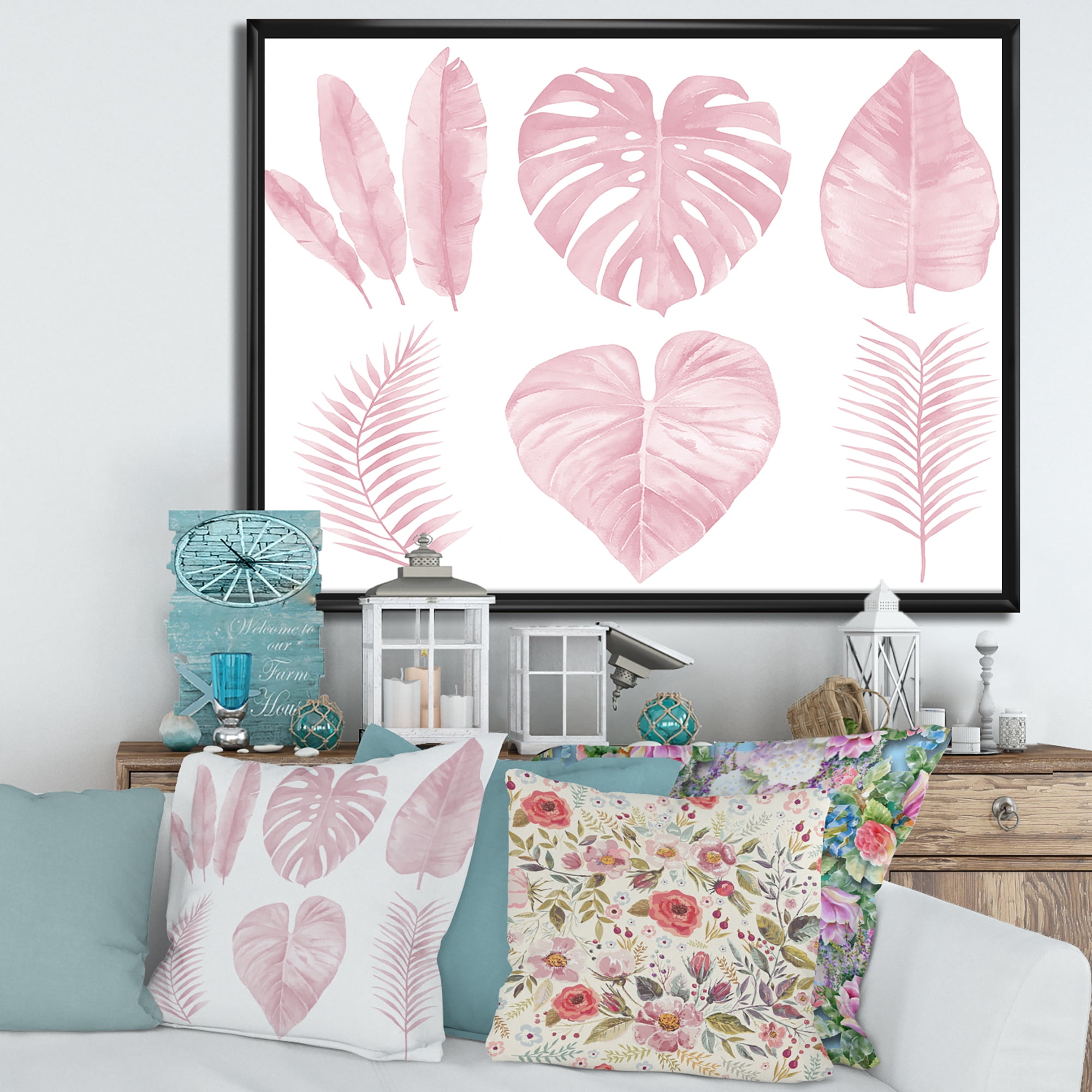 Designart 'Tropical Pink Watercolour Leaves On White I' Shabby Chic Framed Canvas Wall Art Print