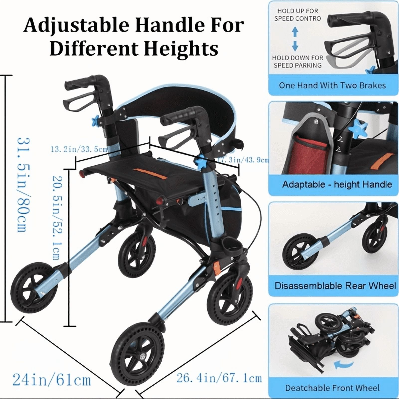 Leumius Rollator Walker for Seniors,Lightweight Foldable All Terrain Rolling Walker with seat & 8 inch Rubber Wheels,Handles and Backrest,BLUE