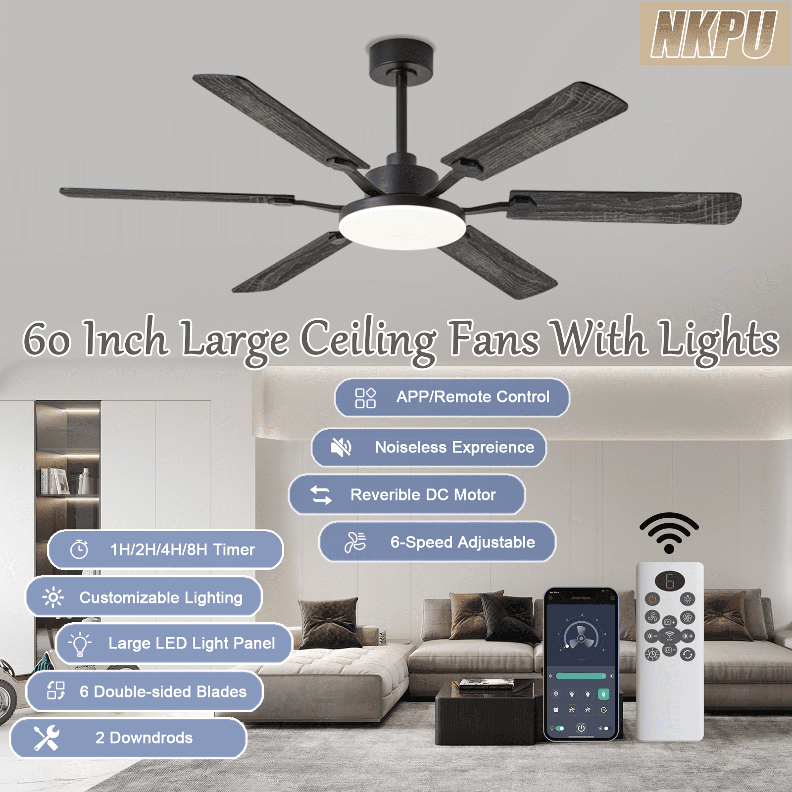 60inch Black Ceiling Fans with Lights and Remote/App Control, Low Profile Ceiling Fan with Light and 6 Double-Side blades, Flush Mount, LED Dimmable DC Reversible Modern Ceiling Fan for Bedroom