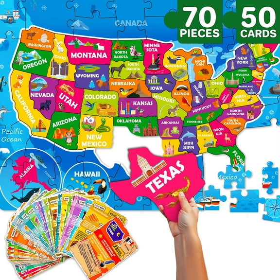 Quokka USA Map Puzzle 70-Pcs State-Shaped Jigsaw with 50 Flashcards Cards, Educational Toy for Kids