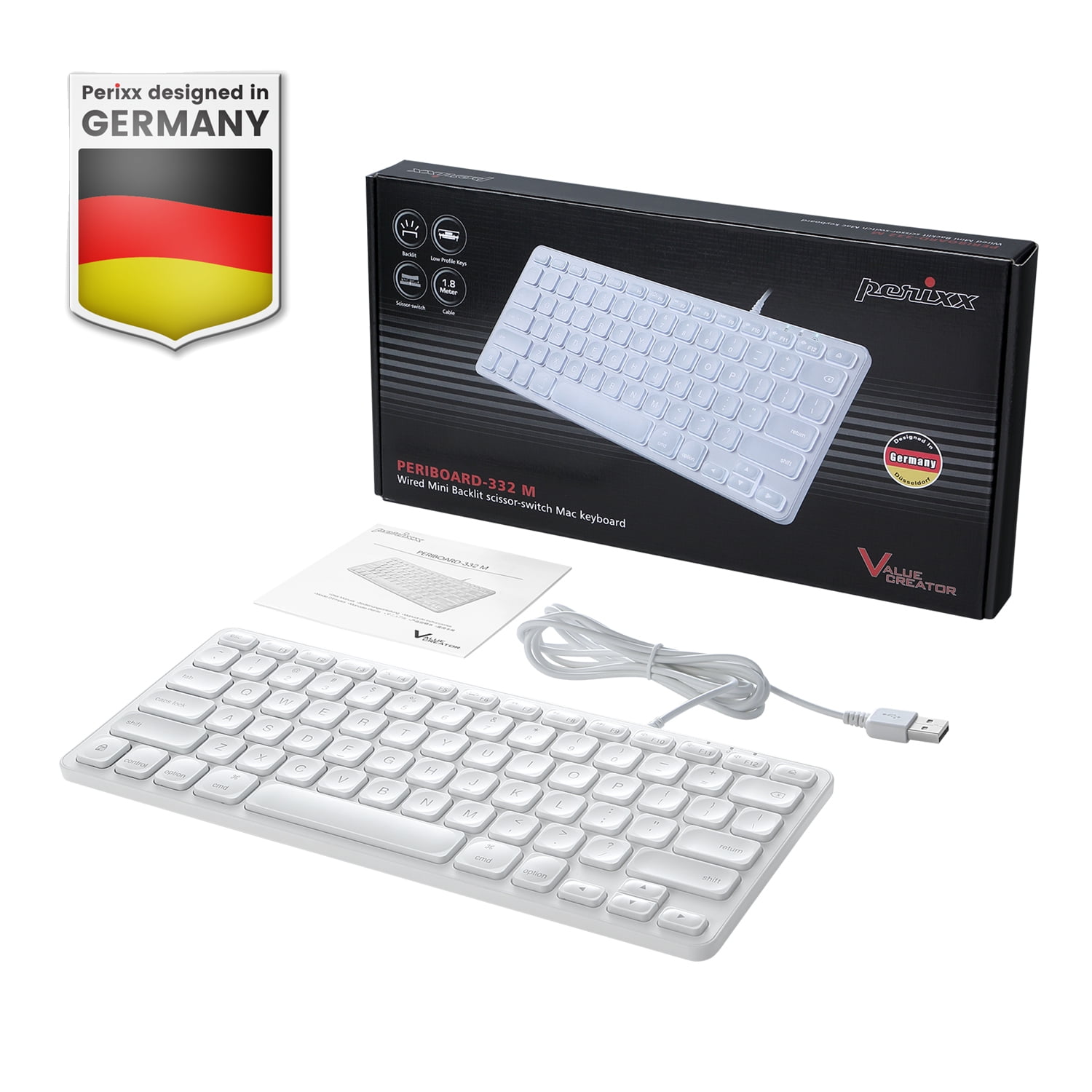 Perixx PERIBOARD-332MW Wired Backlit Scissor Keyboard - Compatible with Mac OS X and iOS Device - Mini 11.22x4.57x0.83 Inches - Scissor Keys with Big Font - White Backlit