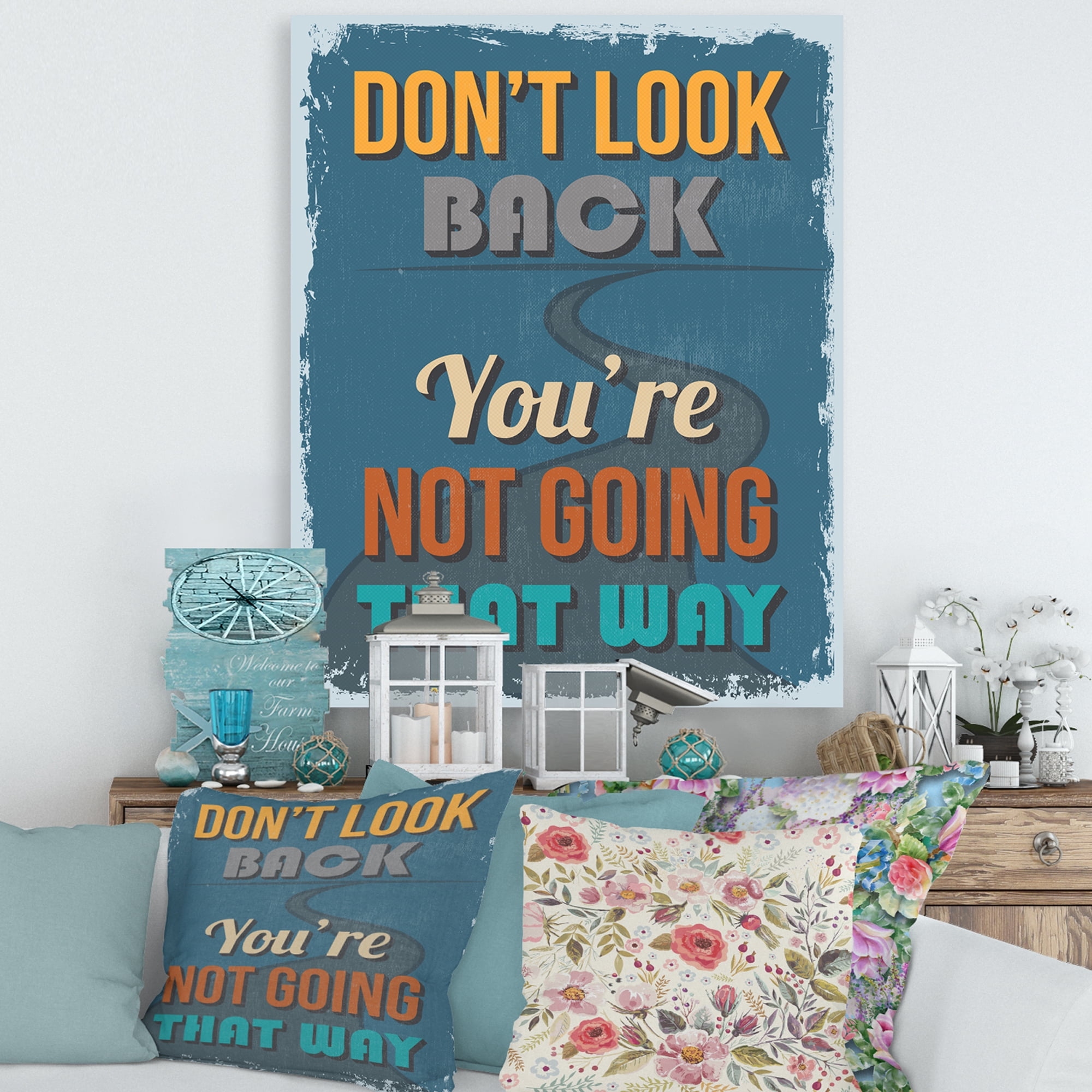 Designart ' Abstract Quote Don't Look Back You're Not Going That Way ' Traditional Canvas Wall Art Print