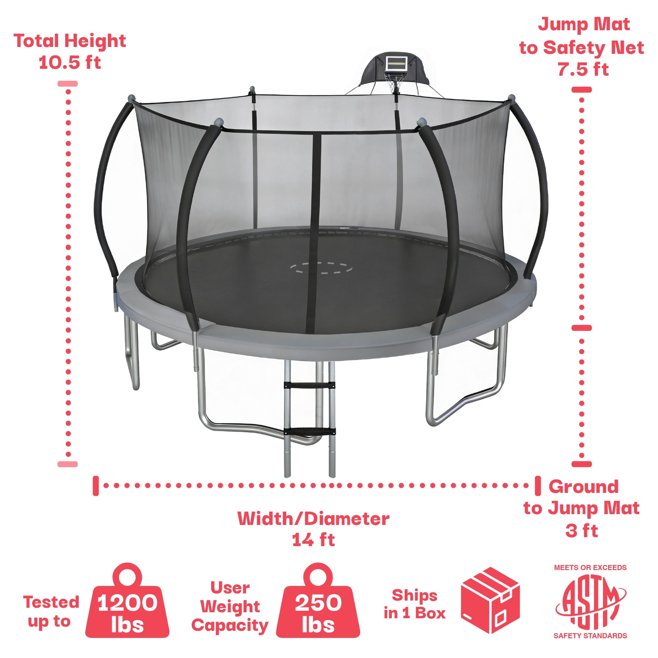 Sportspower BouncePro 14FT Trampoline with Basketball Hoop & Ladder, Heavy-Duty Rust-Resistant Galvanized Steel Frame, ASTM Safety Certified, Outdoor Trampoline for Kids & Adults