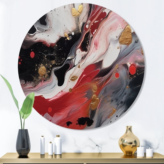Designart "Marble Whispers Red and Black III" Abstract Marble Round Metal Art
