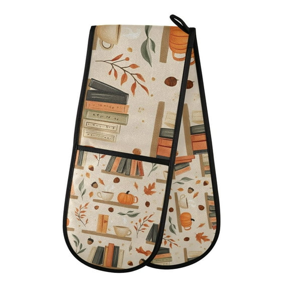 Yayeee Double Oven Mitt Kitchen Heat Resistant Baking 35" x7" Quilted Glove, Fall Book Shelf