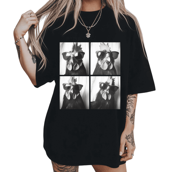 UNISHE Womens Retro Chicken with Shades Graphic Short Sleeve Crewneck T-Shirt S-5XL Black Tops