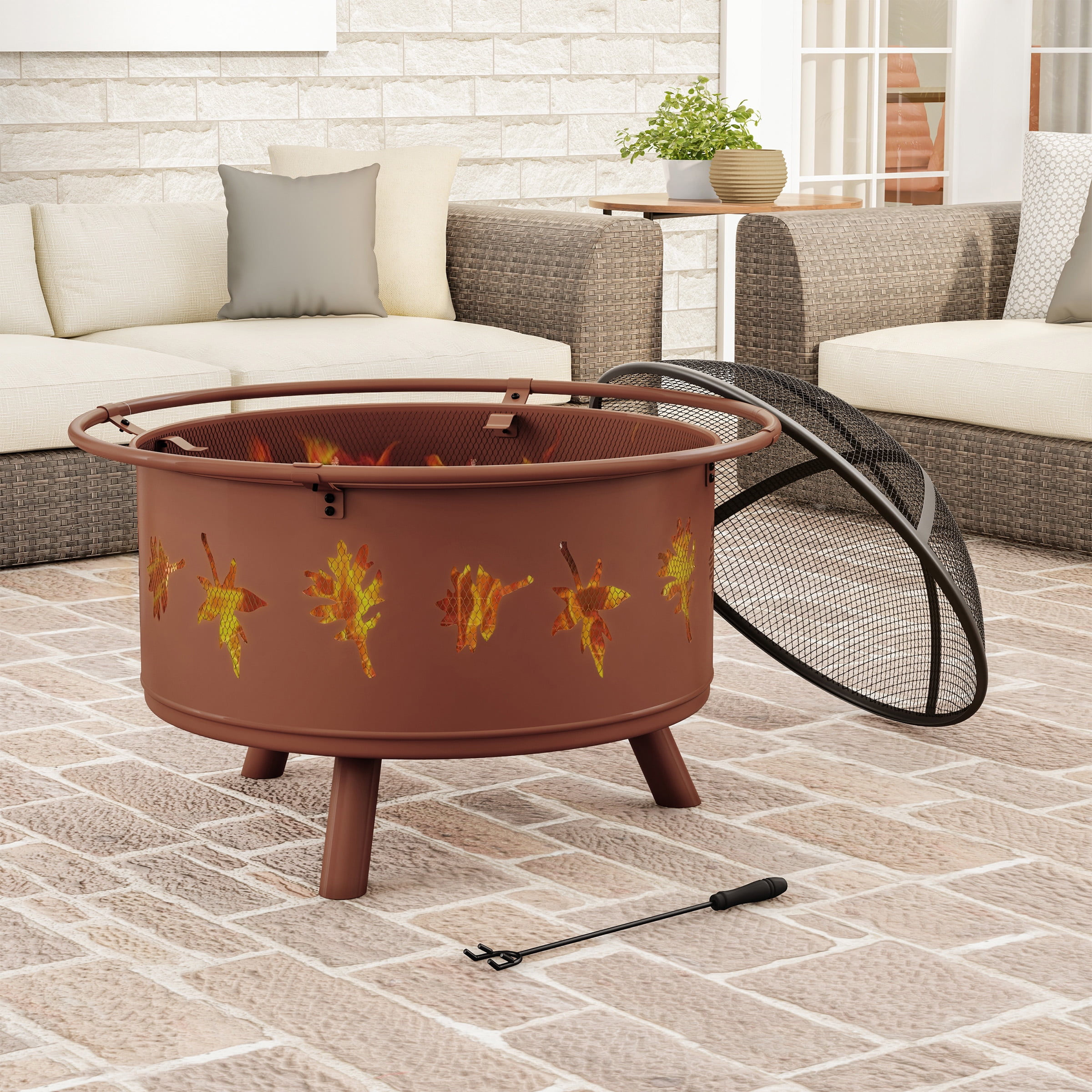 Pure Garden Outdoor Deep Fire Pit, Steel, Log Poker, Leaf Cutouts