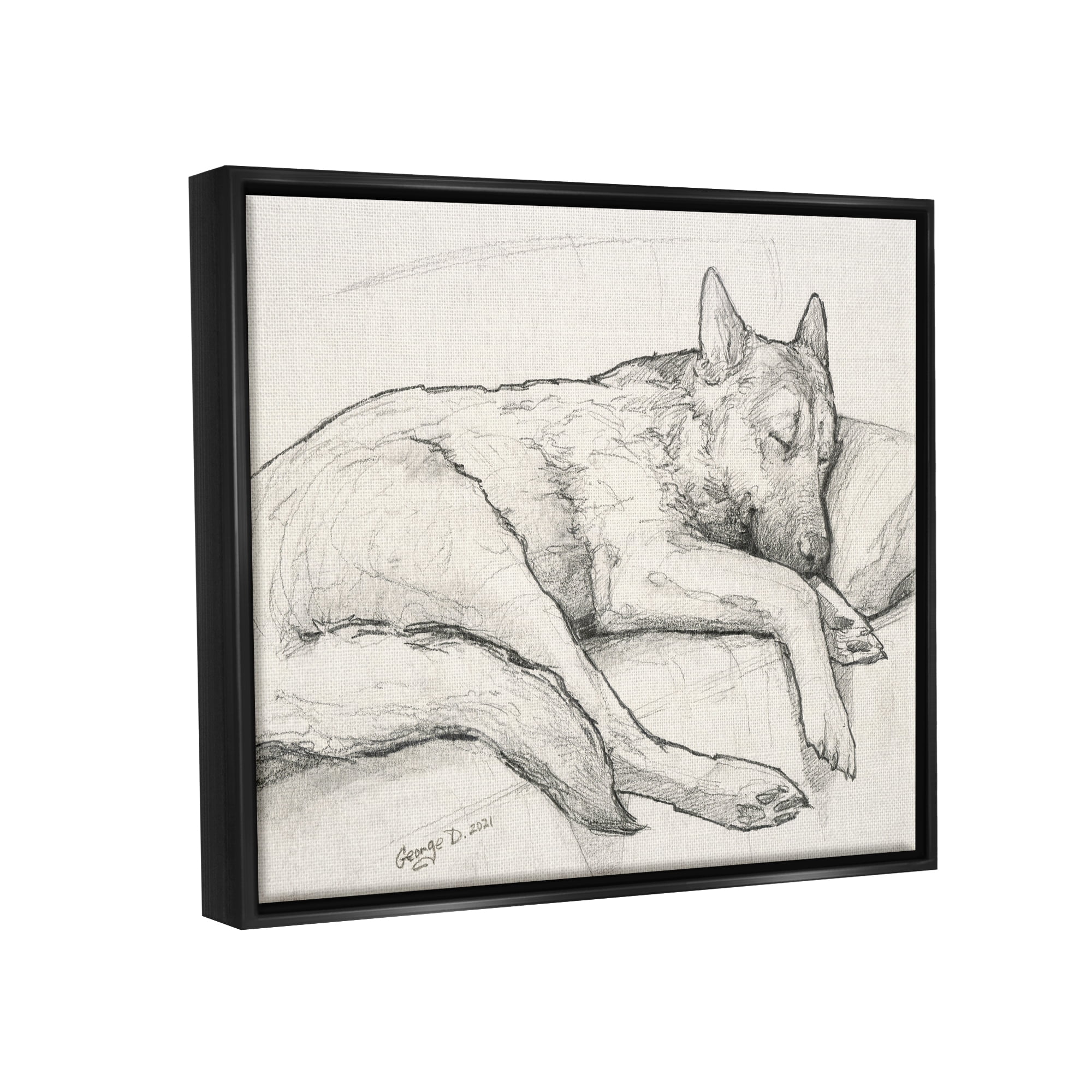 Stupell Industries Dog Curled Up Resting Detailed Graphite Pencil Drawing Drawing Print Jet Black Floating Framed Canvas Print Wall Art, Design by George Dyachenko
