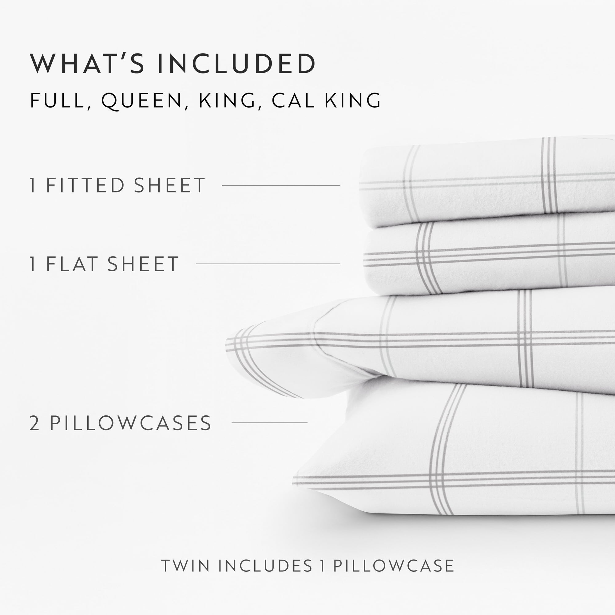 Gray Checkered 4 Piece 100% Cotton Flannel Deep Pocket Sheet Set, Full, by Noble Linens