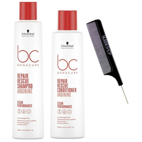 Schwarzkopf BC Bonacure REPAIR RESCUE Arginine Shampoo & Conditioner DUO SET for Damaged Hair, Newest 2023 Formula (w/ SLEEKSHOP Steel Pin Comb) Clean Hair Performance, 8.45 oz   6.76 oz