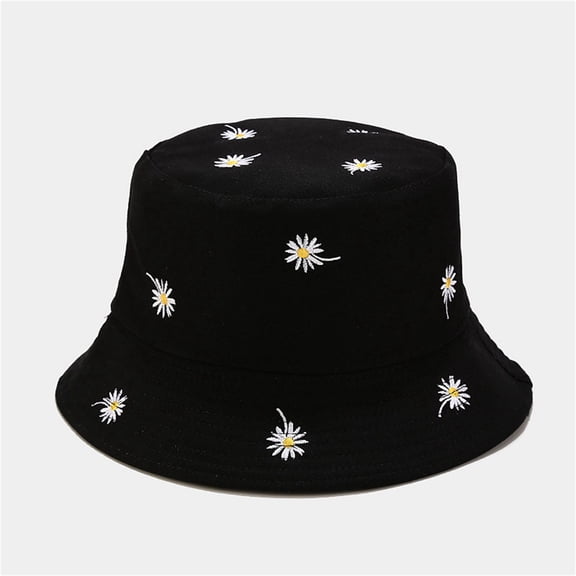 Women's Reversible Bucket Hat, Cute Small Daisy Embroidery Double Sided Wear Sun Protection Breathable Lightweight Fisherman Hat for Outdoor Beach Travel Daily, Black M