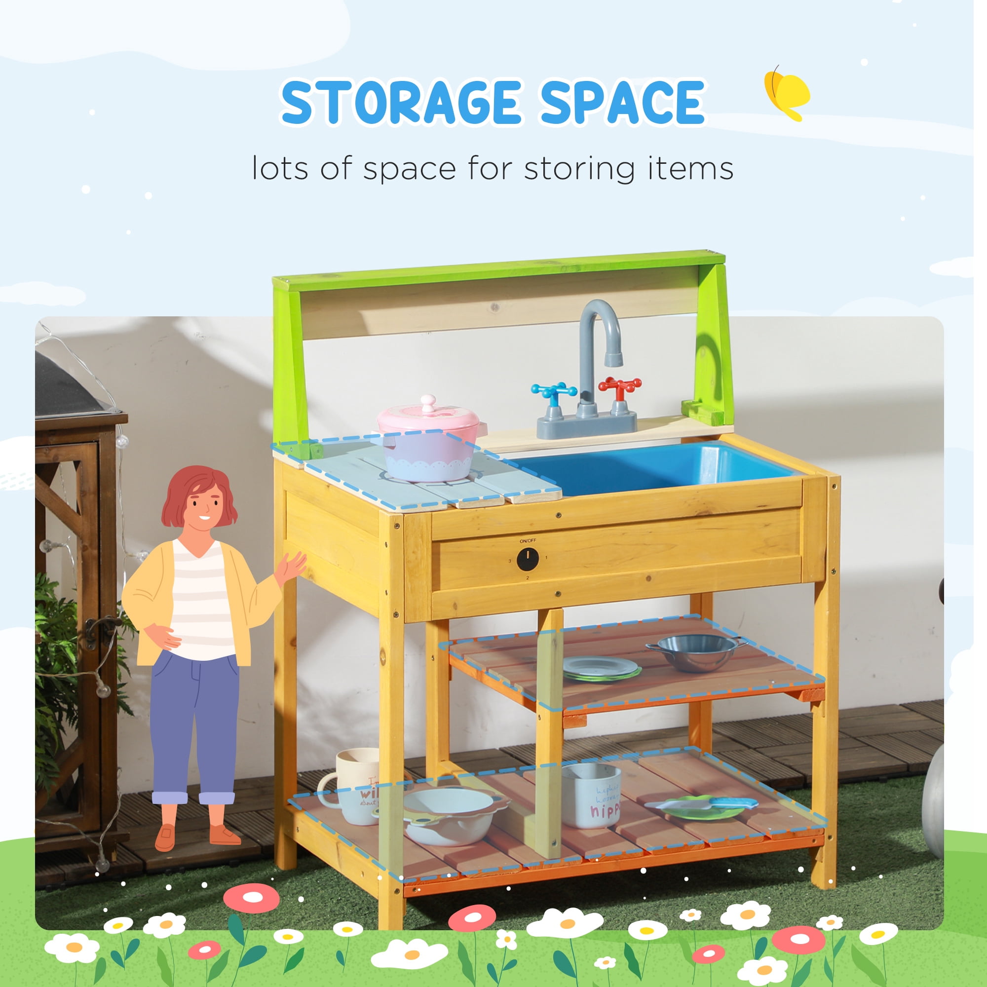 Mud Kitchen Outdoor Kitchen Playset for Kids Wooden with Realistic Play Kitchen Toys, Faucet & Sink, Storage Shelves, Gift for Boys Girls Aged 3-8 Years Old
