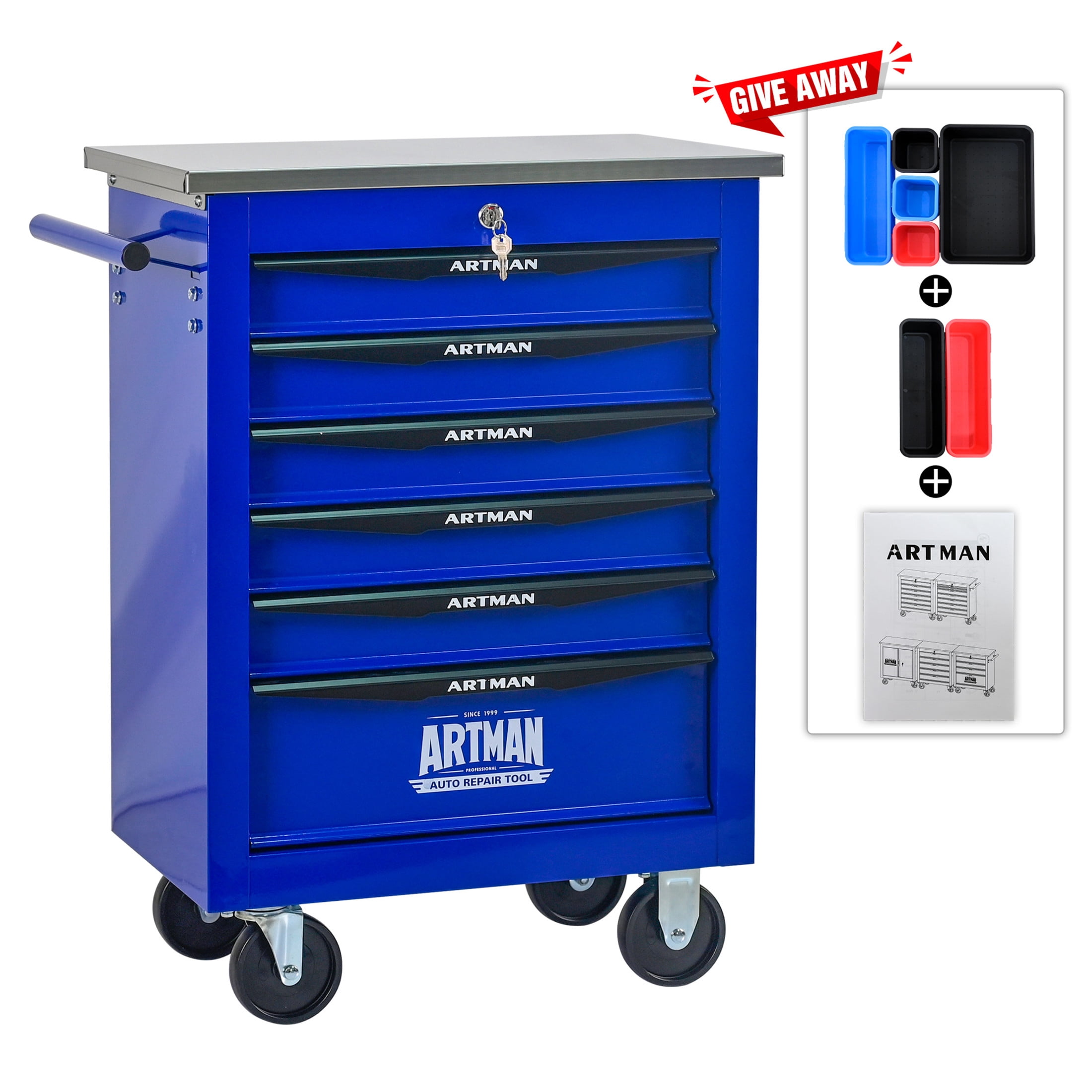 Noble House 6-Drawer Rolling Tool Organizer Cart, Steel Mobile Chest Storage with Worktop for Garage Workshop, Blue