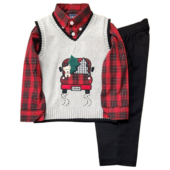 IZOD Toddler Boys Dress Up Gray Truck Vest, Black Pants & Shirt Outfit Set 2T