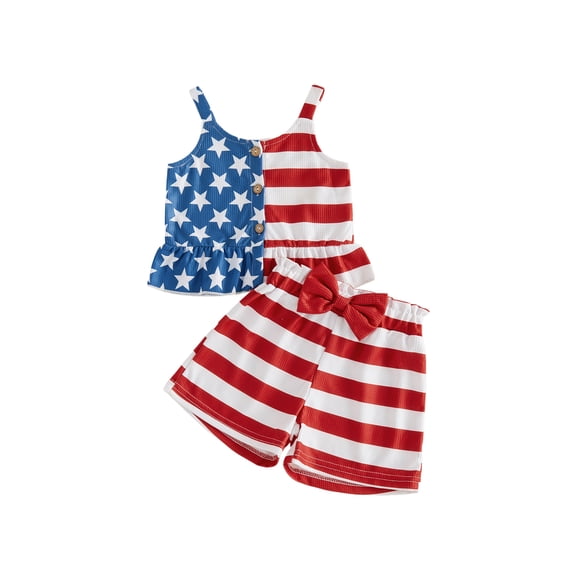 BemeyourBBs Toddler Baby Girl 4th of July Outfit Patriot Independent Day Outfit Little Baby Girl Summer Clothes Star Stripe Print Buttons Sleeveless Waffle Cami Tops Elastic Waist Shorts 2Pcs Set