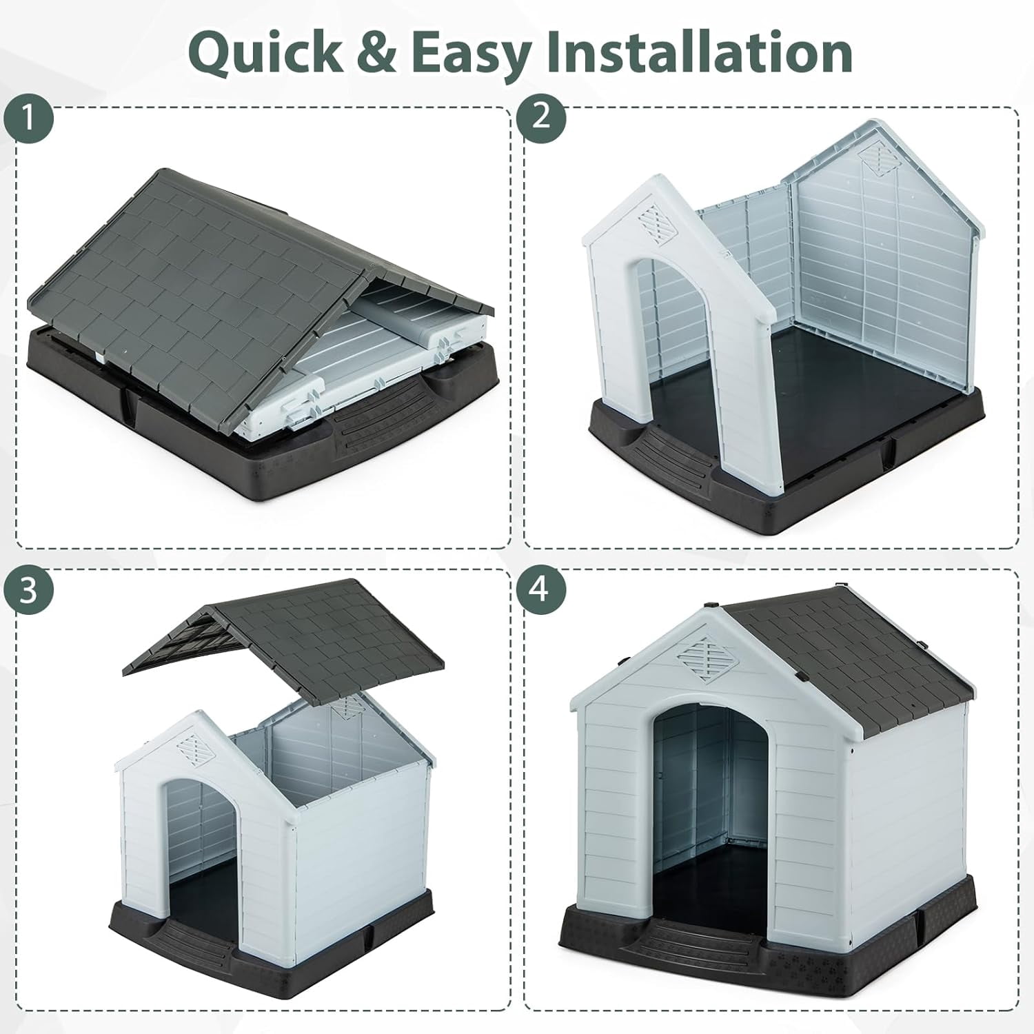 WSWJY Dog House for Medium Dogs, Waterproof Plastic Dog Houses with Air Vents and Elevated Floor, Easy to Assemble, Outdoor Cat House Feeding Station Indoor Patio Backyard Dog Kennel House, Gray