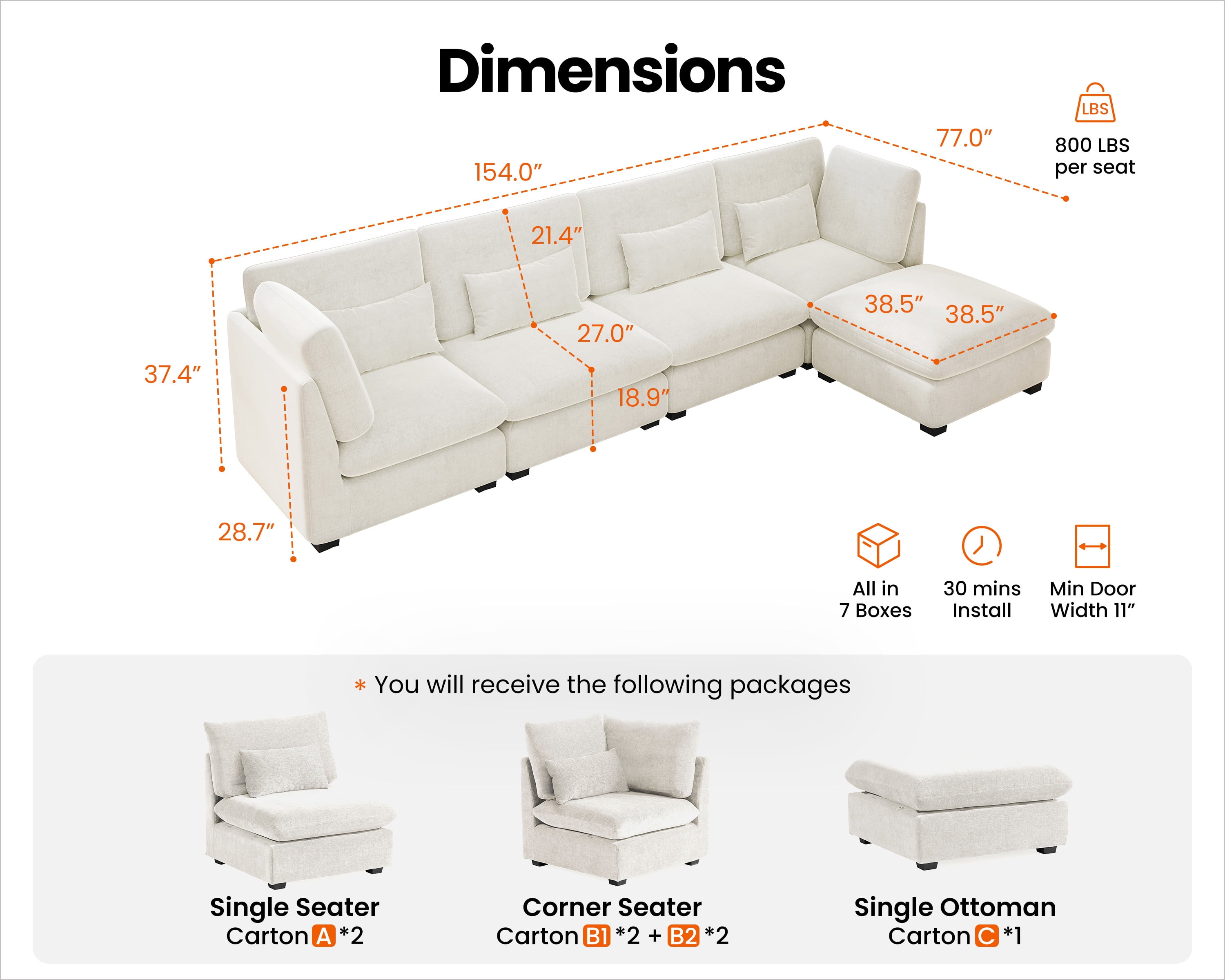 CHIC HOUSE Cloud Modular Sectional Sofa, Oversized Deep Seat Chenille Couch with Ottoman,L Shape 5 Seater Bed for Living Room, Apartment, Villa,FSC-Certified, Green