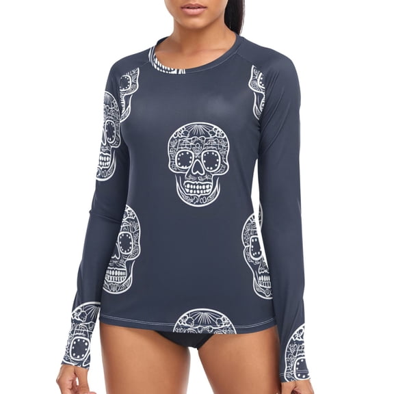 joogoo Womens UPF 50  Sun Shirts Skulls Pattern Long Sleeve UV Protection Rash Guard Tops S