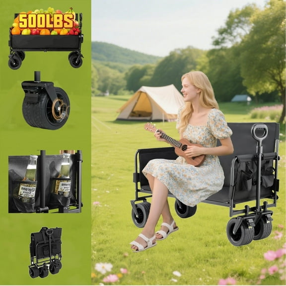 Utility Heavy Duty Collapsible Wagon Cart Portable Folding Wagons Sofa Bench Lounge Carts with Big All-Terrain Wheels,Adjustable Handle,Cup Holders for Garden,Groceries,Shopping,Sports,Beach,Camping,
