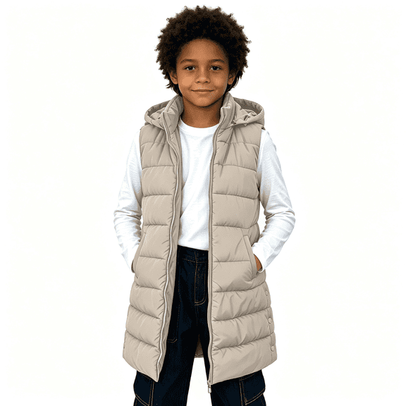 Boys Puff Vest Outwear with Hood Casual Full Zip Warm Sleeveless Kids Winter Jacket Khaki 4-14