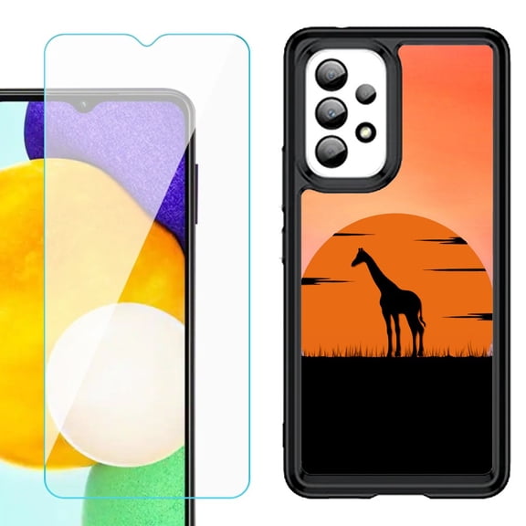 Shockproof Bumper (Black Frame) phone Case for Samsung Galaxy A23 5G, with Tempered Glass Screen Protector, by OneToughShield ® - Sunset Giraffe
