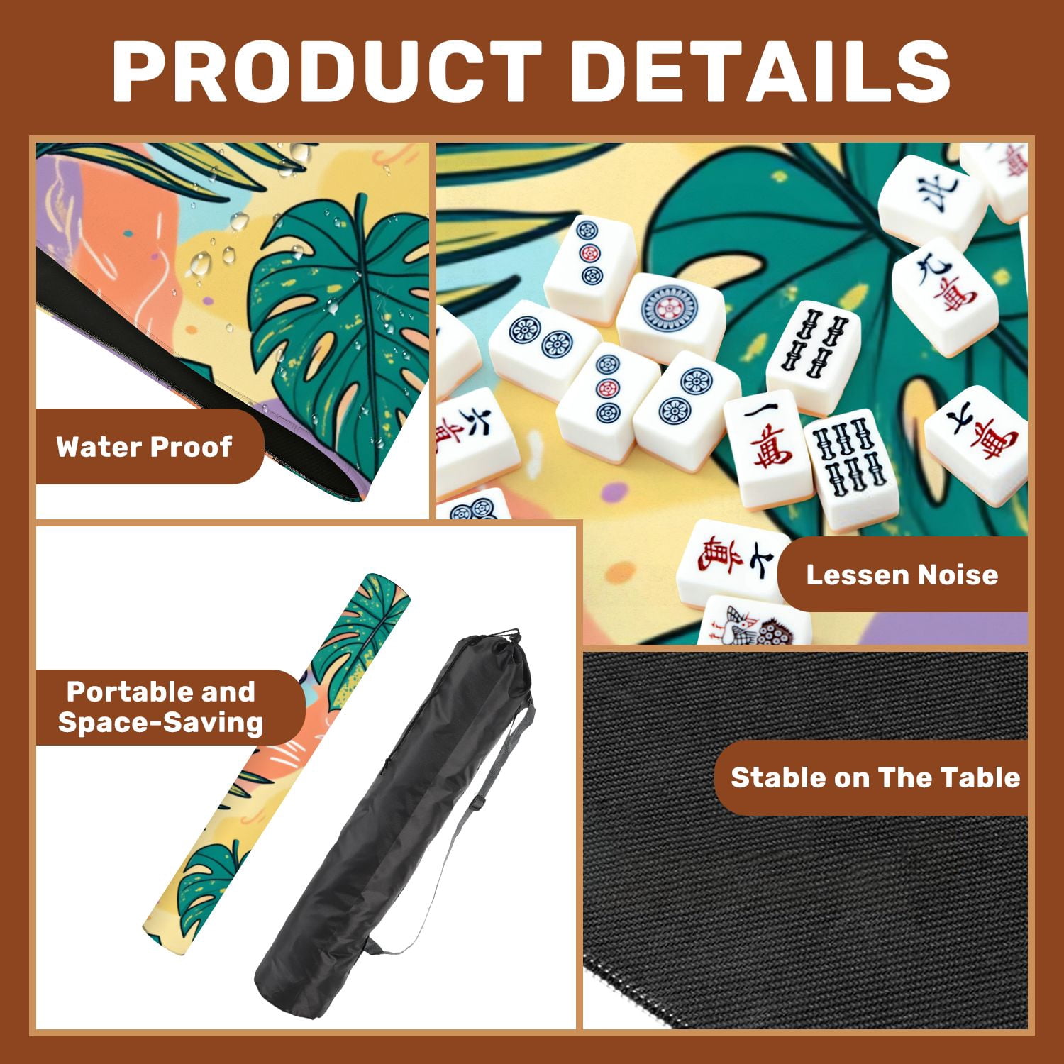 Mahjong Mat 31.5" x 31.5" tropical multicolored hand drawn elements funny tropical leaves for Non-Slip Noise Reduction American Mahjong Tiles Table Cover for Dominoes Poker Card Board Games Gift